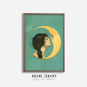 Lámina artística vintage de Mujer besando la luna, póster de Hombre en la luna, Art Nouveau, Art Déco, arte mural antiguo con cara de luna, Querida vieja Dixie Moon imagen 4