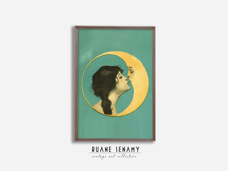 Lámina artística vintage de Mujer besando la luna, póster de Hombre en la luna, Art Nouveau, Art Déco, arte mural antiguo con cara de luna, Querida vieja Dixie Moon imagen 4