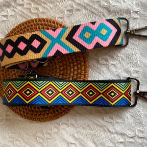 Geometrischer Boho-Gurt für Taschen mit Gold- und Silberbeschlägen, breiter Schultergurt, Kamerataschengurte, Stofftaschengurt, Weihnachtsgeschenke