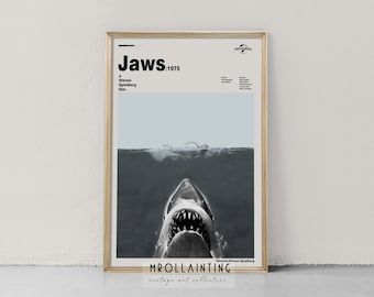 Jaws Rustik filmaffisch, Retro filmaffisch, Minimalistisk konsttryck, Retromodern, Vintage affisch, Mid-Century-konst, Väggkonst, Presenter till honom