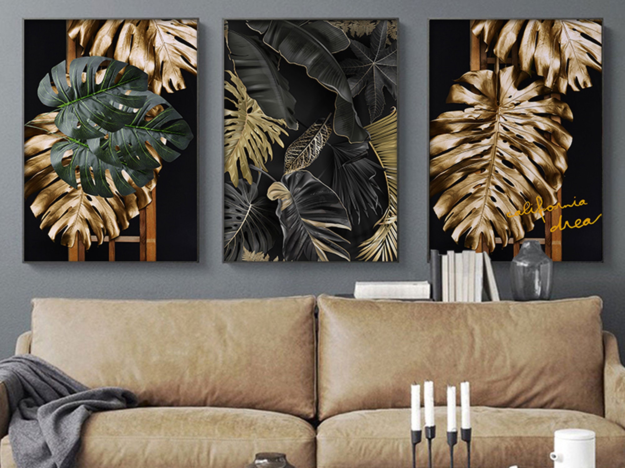 Luxury Black & Gold Leaves Painting Wall Art Print, Modern Art Posters ...