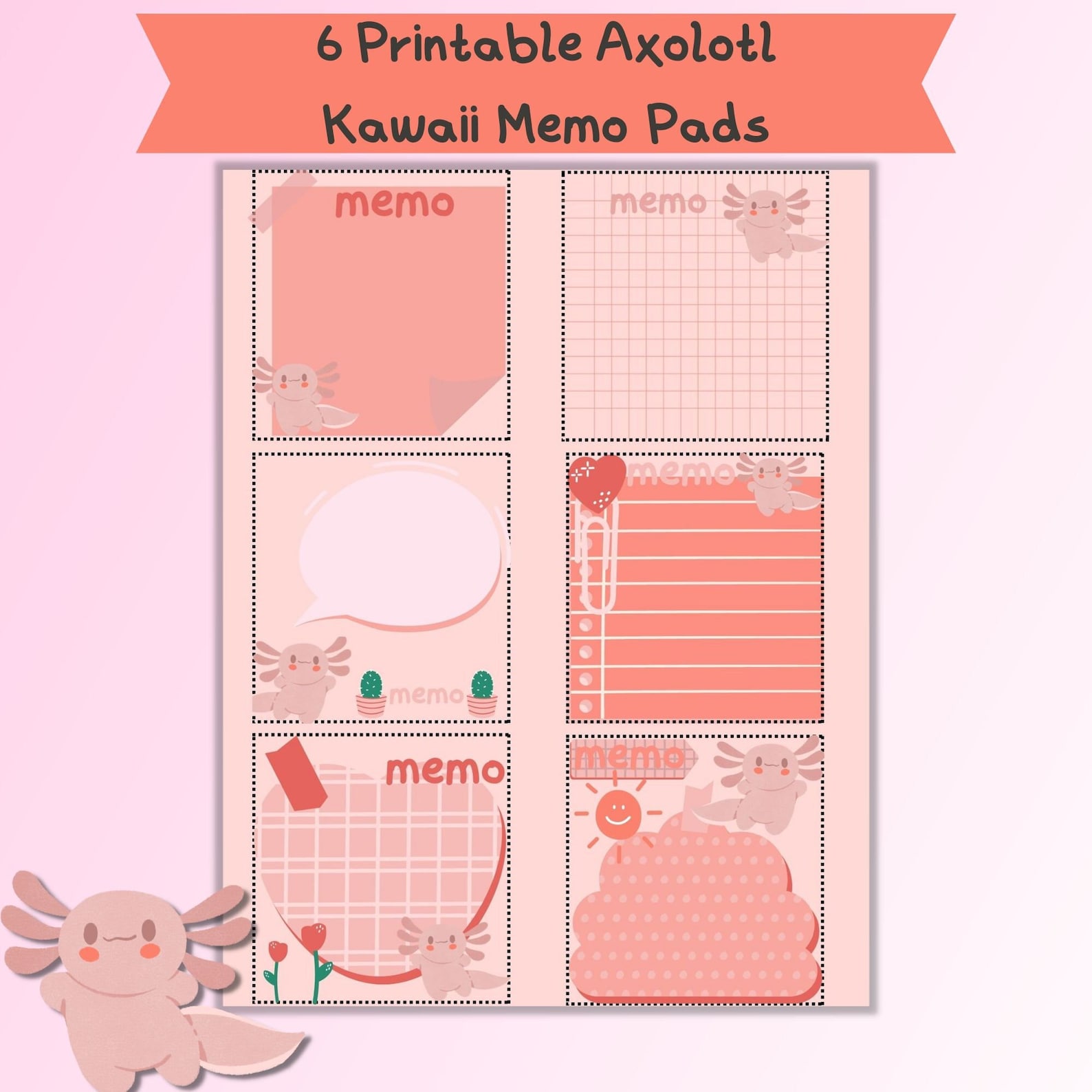 Pink Axolotl Kawaii Printable Memo Pads, Digital Download Memo Pads ...