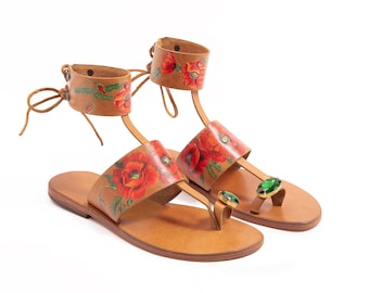 Hand Painted Poppy Leather Sandals for Women with Emerald Swarovski® Crystal – Handmade Artisan Footwear