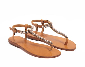 Sandalias de cuero hechas a mano con cadena de plata de ley y perlas Swarovski – Calzado artesanal de cuero para el verano