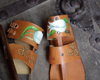 Hand Painted Leather Sandals – Handcrafted jewel sandals- Swarovski Crystal Women's Summer Shoes