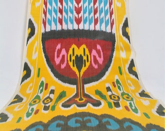 Yellow and Red Silk Ikat Fabric by the Metre - Uzbek Upholstery Textile, Boho Upholstery Material