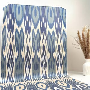 Blue and White Ikat Fabric - Boho Material By The Metre, Weave Textile for Upholstery, Apparel