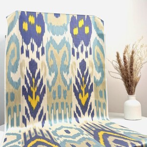 Blue and Beige Ikat Fabric - Hand-Made Boho Pattern Material, Home Decor Textile by Metre