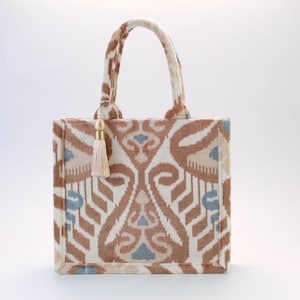 Brown and Blue Bukhara Velvet Ikat Tote Bag - Novelty Ikat Handbag, Women&#39;s Silk Bag, Uzbek Ikat Shopping Bag, Ikat Hand Purse, Boho Handbag