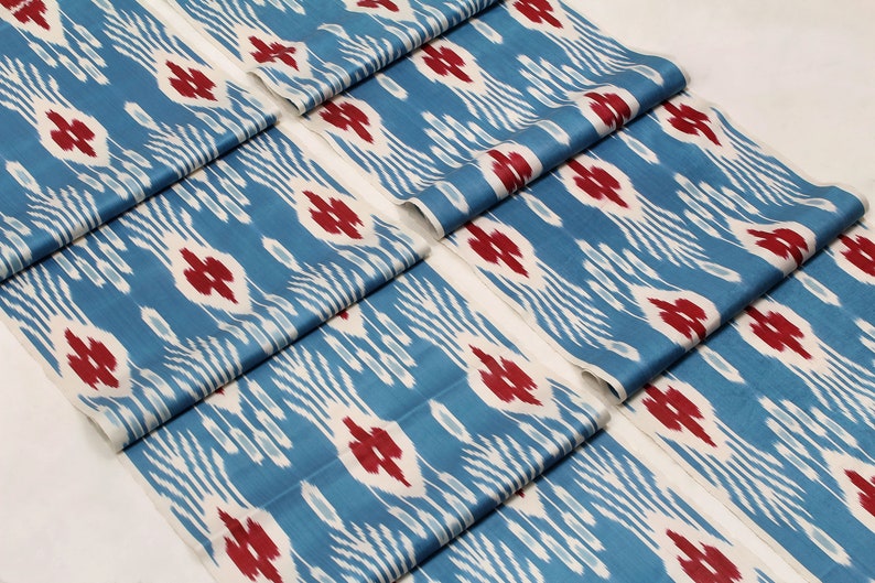 Blue and Red Silk Ikat Fabric - Uzbek Fashion and Apparel Material by ...