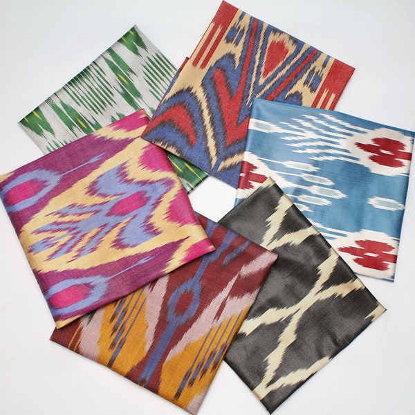 Silk Ikat Fat Quarter Fabric Bundle 6 pieces - Hand-Woven Natural Uzbek Ikat Fabric (Adras Silk Ikat)