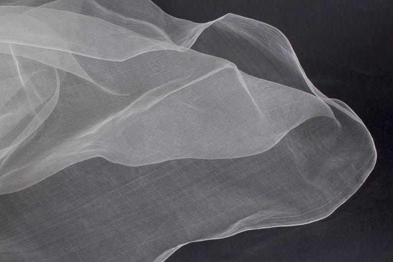 May include: A close-up of flowing, sheer white fabric against a dark background. The fabric has a delicate, airy texture, with soft folds and curves. The image highlights the fabric's translucence and subtle details.