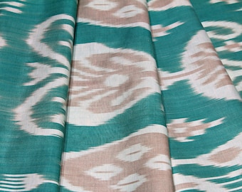 Teal & Beige Silk Ikat Fabric - Boho Apparel Material By The Metre, Uzbek Upholstery Textile