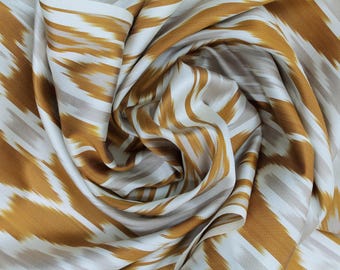 Gold and Beige Silk Ikat Fabric - Handwoven Uzbek Cloth by the Metre, Designer Material for Dressmaking and Fashion, Boho Upholstery Textile
