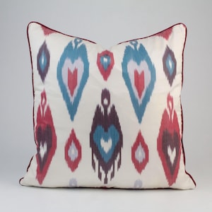 Handmade Silk Ikat Cushion – Red and Blue Heart Motif Pillow Cover