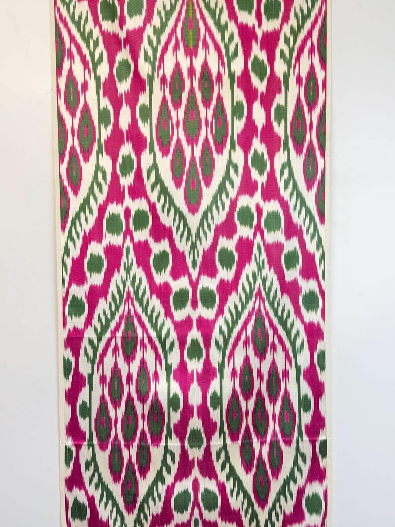 Handwoven Uzbek Silk Ikat Fabric - Pink, Green and Ivory Boho Textile By The Metre, Designer Upholstery and Home Decor Material image 10