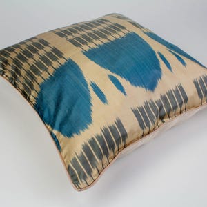 Blue and Beige Natural Silk Ikat Cushion - Unique Ikat Toss Pillow, Bohemian Cushion Cover, Uzbek Silk Pillow Sham, Boho Bedroom Pillowcase