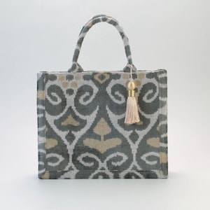 Pastell Grau Buchara Samt Ikat Einkaufstasche - Einzigartige Ikat Handtasche, Schultertasche, Seidensamt Handtasche, Boho Tasche