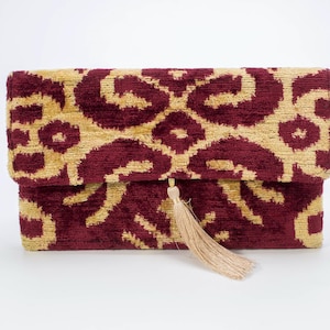 Burgundy and Yellow Bukhara Velvet Ikat Clutch Bag - Boho Clutch With Tassel, Uzbek Silk Ikat Purse, Fun Clutch Purse, Unique Handbag