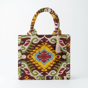 Burgunder und Gold Bukhara Samt Ikat Einkaufstasche - Frauen Ikat Handtasche, usbekische Seide Geldbörse, Luxus Schultertasche, Boho Chic Einkaufstasche
