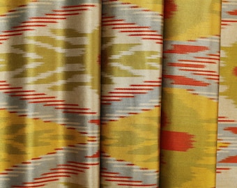 Gold and Red Silk Ikat Fabric - Hand-Made Upholstery Fabric Ikat, Ikat Cloth, Uzbek Material, Ikat Textile, Abstract Fabric By The Yard