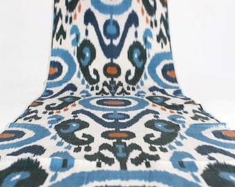 Blue and Charcoal Silk Ikat Fabric by the Metre - Natural Upholstery, Furnishing and Tapestry Material, Boho Uzbek Textile for Dressmaking