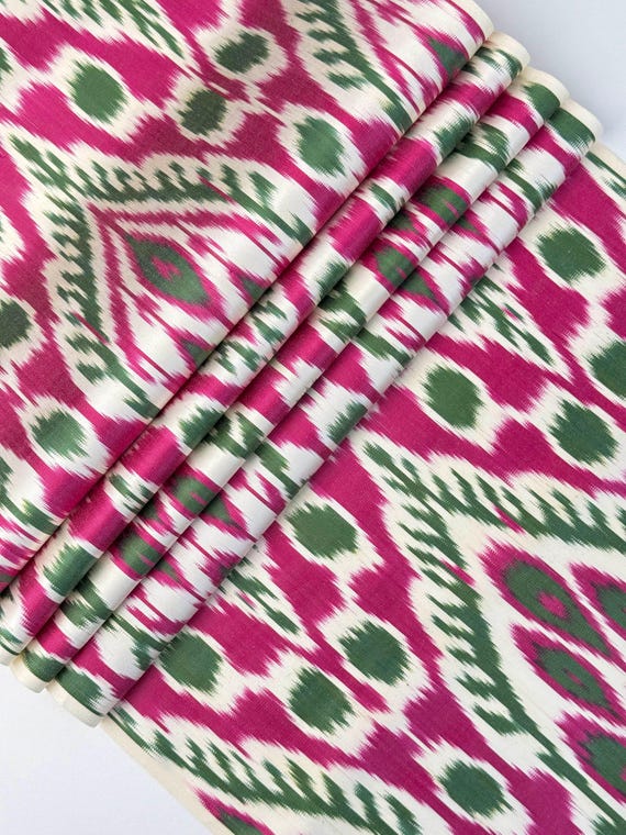 Handwoven Uzbek Silk Ikat Fabric - Pink, Green and Ivory Boho Textile By The Metre, Designer Upholstery and Home Decor Material