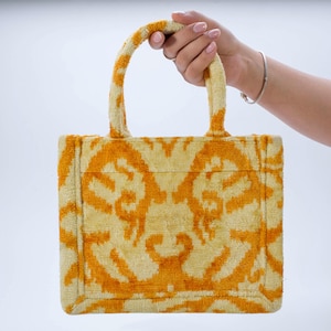Orange und Beige Buchara Samt Ikat Mini Einkaufstasche - Ethische Ikat Handtasche, Boho Seide Tasche, usbekische Frauen Einkaufstasche, Boho Chic Geldbörse