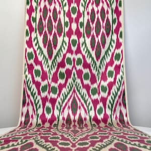 Handwoven Uzbek Silk Ikat Fabric - Pink, Green and Ivory Boho Textile By The Metre, Designer Upholstery and Home Decor Material image 2