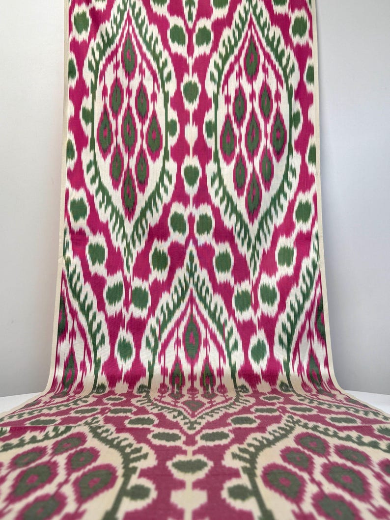 Handwoven Uzbek Silk Ikat Fabric - Pink, Green and Ivory Boho Textile By The Metre, Designer Upholstery and Home Decor Material image 2