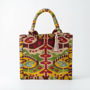 Braune und grüne Buchara Samt Ikat Einkaufstasche - Handwerk Ikat Handtasche, usbekische Schultertasche, Luxus Einkaufstaschen, Boho Samt Handtasche