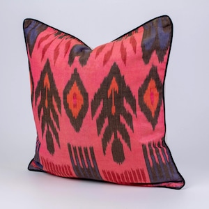 Red and Blue Natural Silk Ikat Cushion - Trendy Ikat Decorative Pillows, Accent Cushions, Silk Uzbek Pillow, Boho Decorative Pillow Cover
