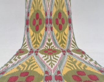 Yellow and Green Cotton Ikat Fabric - Uzbek Material for Sofa, Chair, Upholstery and Furnishing, Boho Hand-Woven Artisan Textile