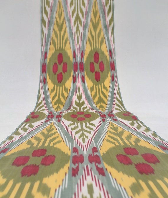 Yellow and Green Cotton Ikat Fabric - Uzbek Material for Sofa, Chair, Upholstery and Furnishing, Boho Hand-Woven Artisan Textile