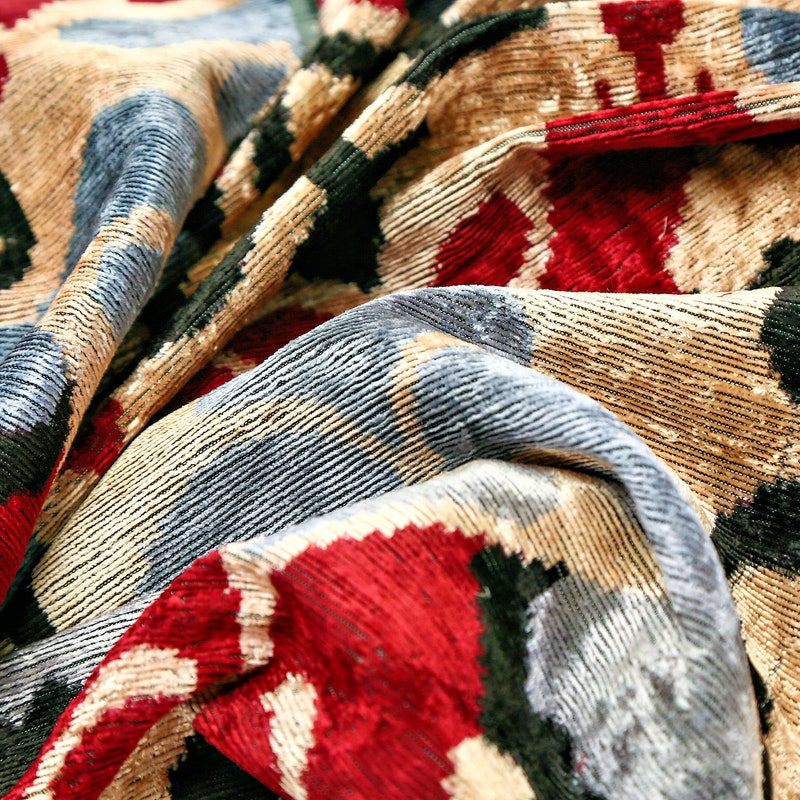Silk Velvet Ikat Fabric Black and Green main image 1