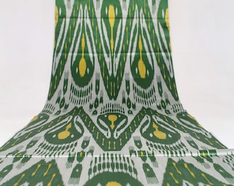 Green & Yellow Silk Ikat Fabric - Natural Uzbek Fashion Material by the Metre for Dressmaking, Traditional Boho Textile for Upholstery