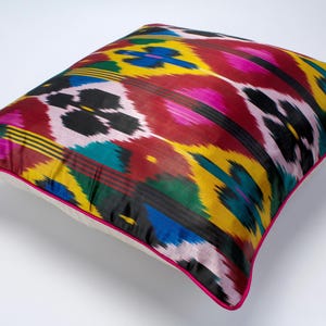 Multicolour Silk Ikat Cushion - Comfiest Ikat Pillow, Ikat Toss Pillow, Ikat Cushion Cover, Ikat Pattern Pillows, Uzbek Bed Throw Pillow Set