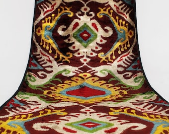Golden and Beige Silk Velvet Ikat Fabric - Hand-Woven Natural Uzbek Ikat Fabric by the Metre, Boho Upholstery and Furnishing Material