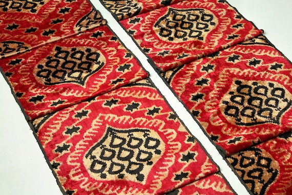 Red and Gold Velvet Ikat Fabric - Chic Ikat Curtain Fabric, Ikat Fabric Upholstery, Ikat Textile For Dressmaking, Boho Velvet Cloth Material