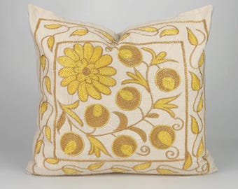 Yellow and Gold Uzbek Suzani Embroidery Cushion and Pillow Cover - Decorative Pillow, Boho Throw Cushion, Sofa Accent Pillowcase