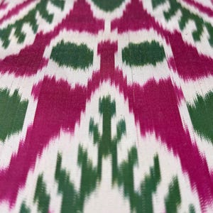 Handwoven Uzbek Silk Ikat Fabric - Pink, Green and Ivory Boho Textile By The Metre, Designer Upholstery and Home Decor Material image 7