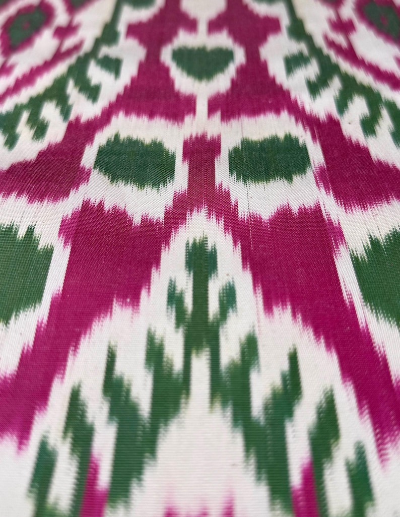 Handwoven Uzbek Silk Ikat Fabric - Pink, Green and Ivory Boho Textile By The Metre, Designer Upholstery and Home Decor Material image 7