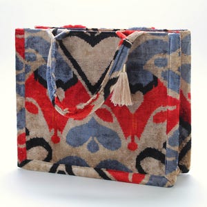 Red and Blue Bukhara Velvet Ikat Tote Bag - Pure Silk Ikat Handbag, Women&#39;s Silk Velvet Purse, Boho Chic Shoulder Bag, Boho Shopping Bag