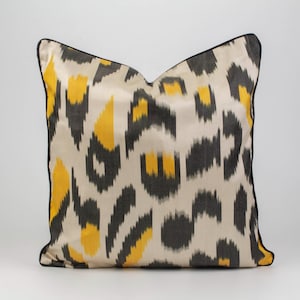 Black and Yellow Natural Silk Ikat Cushion - Soft Throw Cushions, Uzbek Ikat Pillow Cases, Boho Toss Pillow Cover, Decorative Couch Cushions