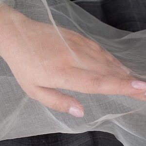 May include: Close-up of a hand resting on a sheer, white fabric. The fabric is draped, creating soft folds and shadows. The hand has pale skin and polished nails. The background is a darker, textured material.