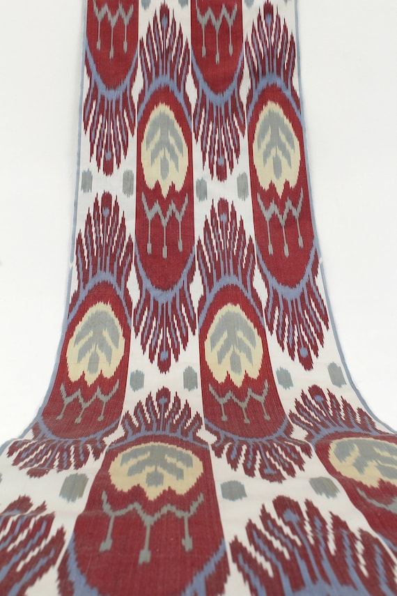 Red and Beige Uzbek Silk Ikat Fabric - Hand-Woven Upholstery Material by the Metre, Natural Boho Textile for Fashion, Apparel and Dresses