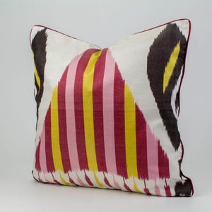 Pink and Yellow Natural Silk Ikat Cushion - Decorative Ikat Pattern Cushion Cover, Uzbek Silk Pillow Sham, Boho Silk Throw Pillowcase