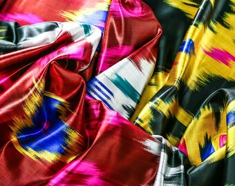 Red and Yellow Abstract Silk Ikat Fabric - Boho Fashion Material by the Metre, Luxurious Textile for Apparel and Accessories