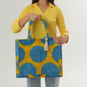 Blue and Yellow Bukhara Velvet Ikat Tote Bag - Ethical Ikat Handbag, Women&#39;s Silk Shopping Bag, Silk Velvet Shoulder Bag, Boho Velvet Purse