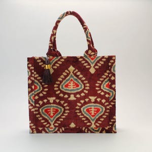 Red and Gold Bukhara Velvet Ikat Tote Bag - Exclusive Ikat Handbag, Women&#39;s Silk Tote, Boho Chic Shopping Bag, Silk Shoulder Bag, Boho Purse